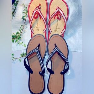 BUNDLE 2PAIR thong sandals,black/brown bottoms, rhinestone/beads, red/beige palm